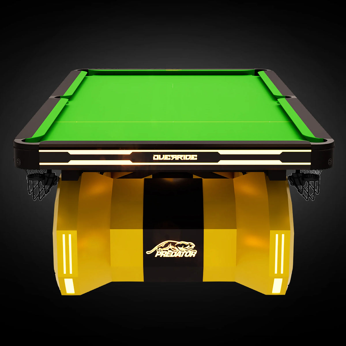 Pool table with green felt surface and yellow legs on a black background.