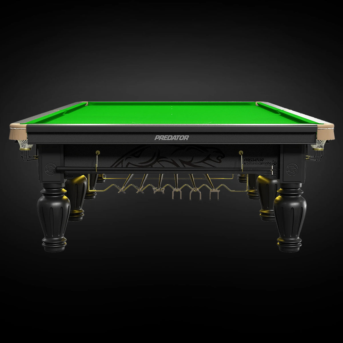 Pool table with green felt surface and black frame with Predator logo on a dark background.