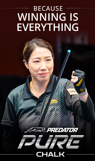 Person holding a pool cue club with 'Predator Pure Chalk' branding and text 'Because Winning is Everything'.