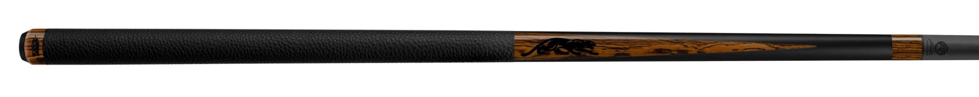 Black and brown wood pool cue on a white background.