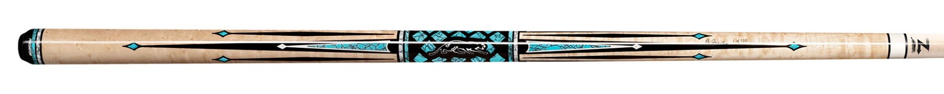 Glossy pale wood pool cue with intricate black and turquoise accents