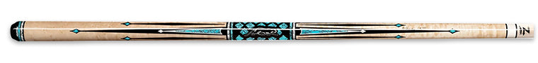 Glossy pale wood pool cue with intricate black and turquoise accents