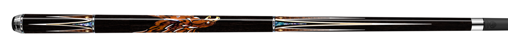 Ebony pool cue with intricate ivory detailing on a white background.