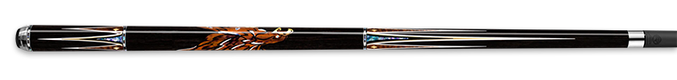 Ebony pool cue with intricate ivory detailing on a white background.