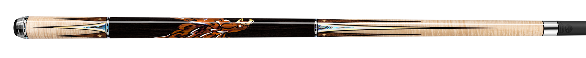 Glossy black and pale wood pool cue with intricate detailing on a white background.
