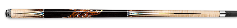 Glossy black and pale wood pool cue with intricate detailing on a white background.