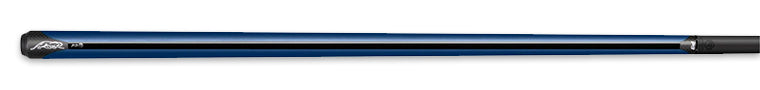 Glossy blue pool cue with black stripe on a white background.