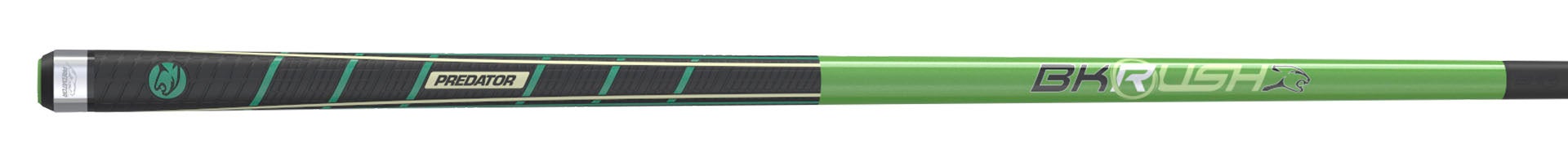 Green BKRUSH pool cue with textured black butt with PREDATOR text