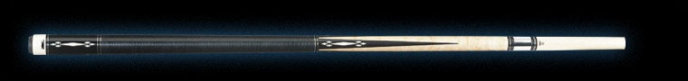 Pale wood pool cue with brown and white detailing and textured black wrap 