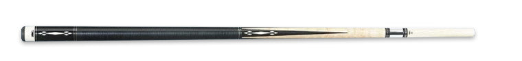 Pale wood pool cue with brown and white detailing and textured black wrap 