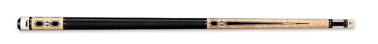 Pale wood pool cue with black and white detailing and textured black wrap