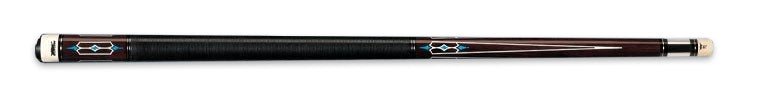 Dark brown glossy pool cue with white and turquoise with textured black wrap