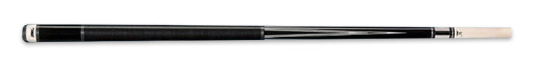 Glossy black pool cue with white detailing and textured black wrap