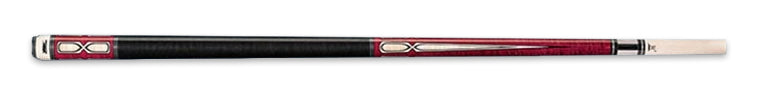 Red and black pool cue with white accents 