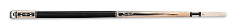 Black and pale wood pool cue with intricate designs