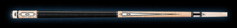 Black and pale wood pool cue with white decorative detailing