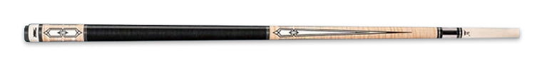 Black and pale wood pool cue with white decorative detailing