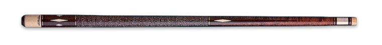 Glossy brown wood pool cue with ivory and textured brown leather wrap 