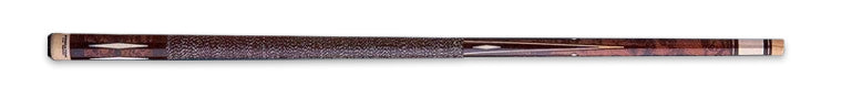 Glossy brown wood pool cue with white diamond accents and textured brown wrap