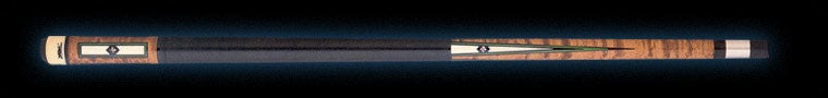 Wood pool cue with green and white accents and black wrap