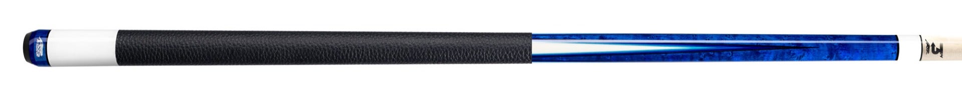 Cobalt blue pool cue with white detailing and black textured wrap on a white background.
