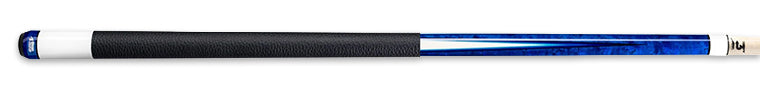 Cobalt blue pool cue with white detailing and black textured wrap on a white background.