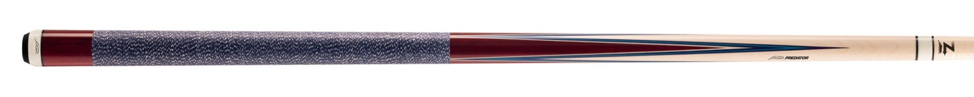 Polished wood pool cue with a textured butt design on a black background.