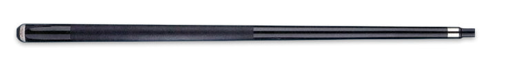 Glossy black pool cue with textured black wrap on a black background.