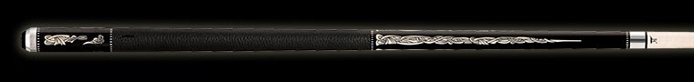 Black pool cue with intricate ivory design and textured black wrap on a black background.