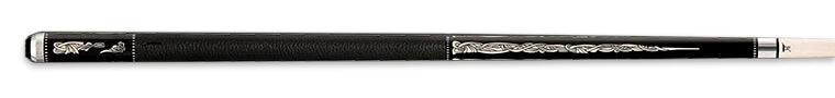 Black pool cue with intricate ivory design and textured black wrap on a black background.