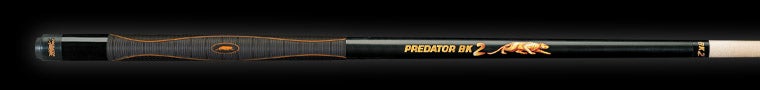Black pool cue with PREDATOR BK2 text and gold panther logo