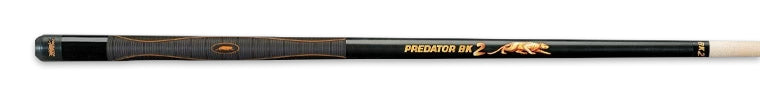Black pool cue with PREDATOR BK2 text and gold panther logo