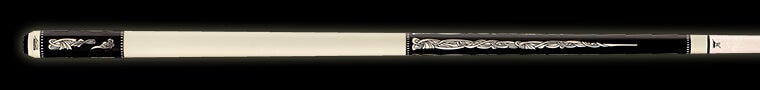 Ivory and black pool cue with intricate ivory detailing on a black background.