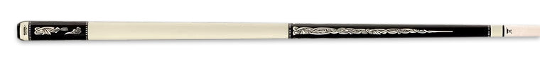 Ivory and black pool cue with intricate ivory detailing on a black background.