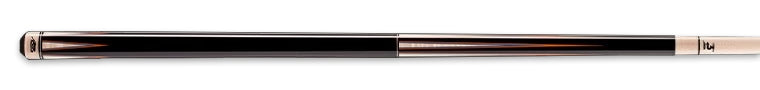 Black and pale wood pool cue with medium brown accents on a black background.