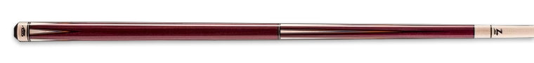 Burgundy and pale wood pool cue on a black background.