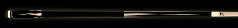 Dark and light brown pool cue with dark brown band on a black background.