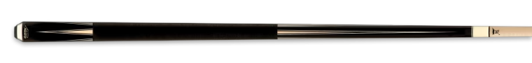 Dark and light brown pool cue with dark brown band on a black background.