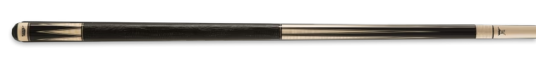 Dark and ivory pool cue with dark brown band on a black background.