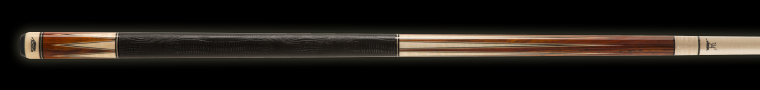 Two-toned wooden pool cue with black band on a black background.