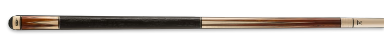 Two-toned wooden pool cue with black band on a black background.