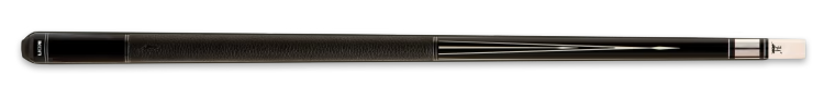 Black pool cue with white minimal detailing and textured black wrap