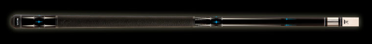 Black pool cue with white and blue accents and textured black wrap