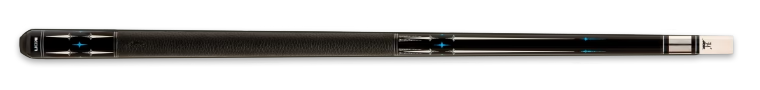 Black pool cue with white and blue accents and textured black wrap