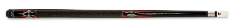 Black pool cue with red diamond accents and textured black wrap