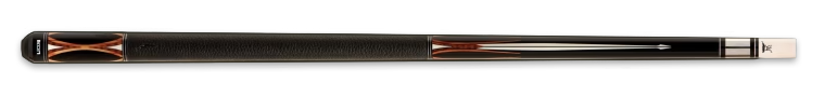 Black pool cue with pale and brown accents and textured black wrap