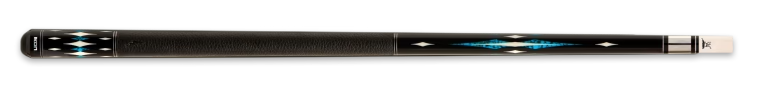 Black pool cue with white and blue diamond accents 