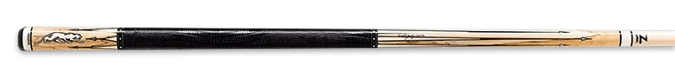 Black and light brown pool cue with white accents