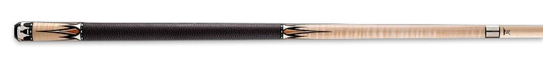Black and light brown wood pool cue with black and white accents