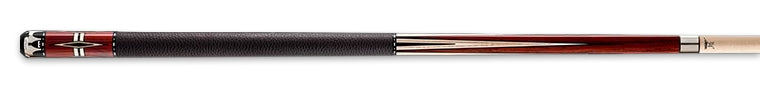 Black and red pool cue with light brown wood accents